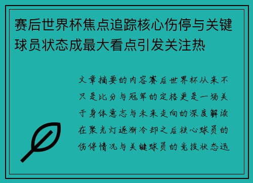 赛后世界杯焦点追踪核心伤停与关键球员状态成最大看点引发关注热
