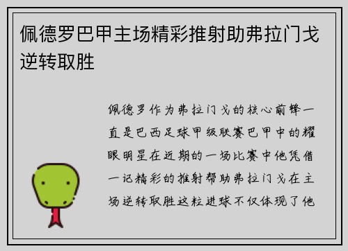 佩德罗巴甲主场精彩推射助弗拉门戈逆转取胜